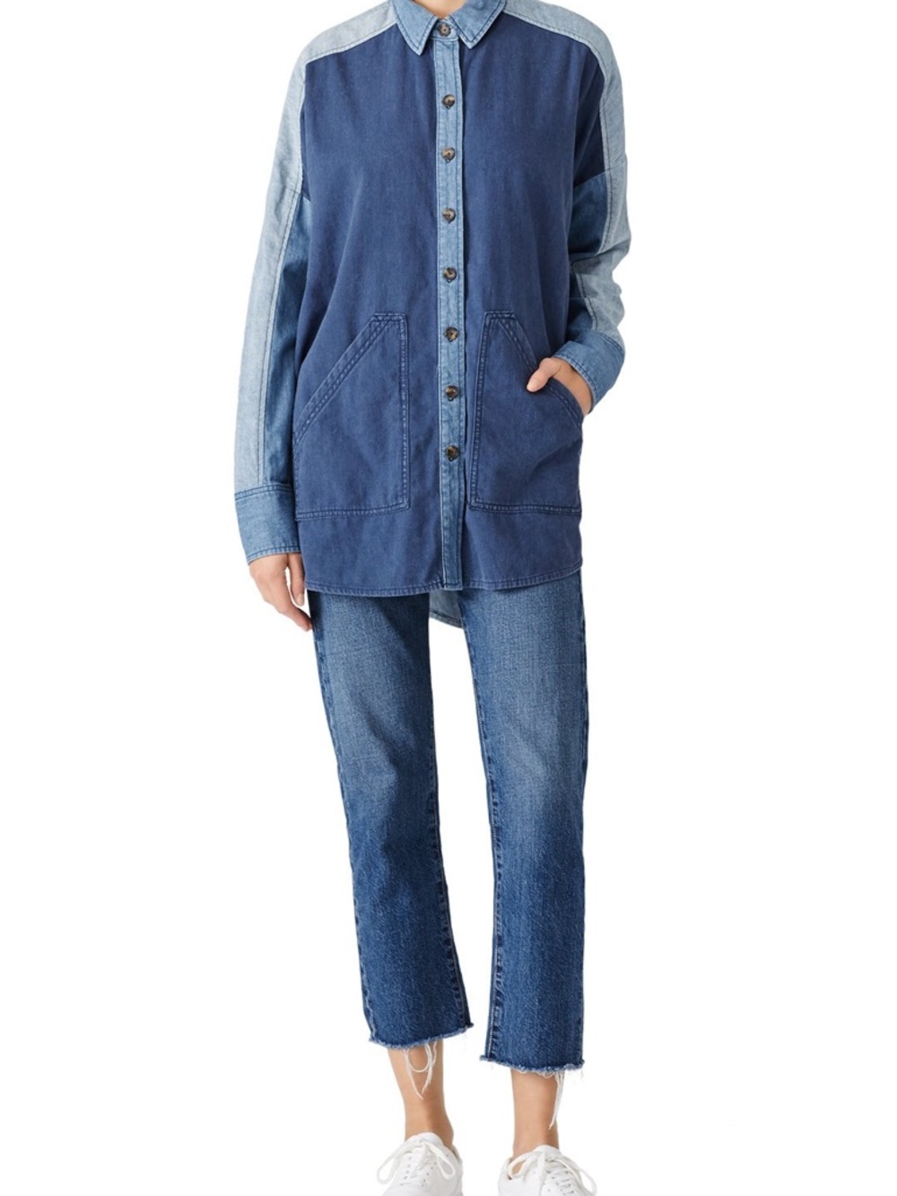 Free People Two-Tone Patchwork Denim Shirt Jacket - Blue - Picture 2 of 9